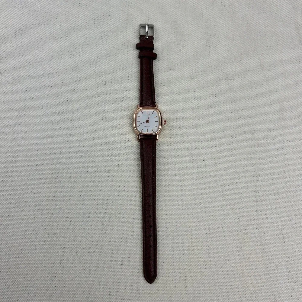 Minimalistic vintage style miniature watch square quartz brown and gold